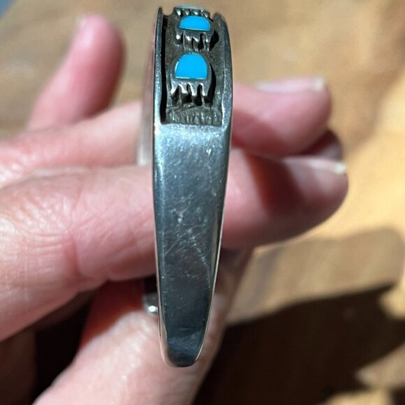 Old Pawn Sterling Native American Hopi Bear Claw Paw Turquoise Cuff Bracelet - Picture 5 of 8